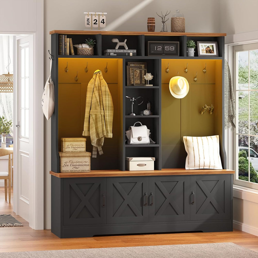 Black Hall Tree with Bench and Shoe Storage, Entryway Bench with Coat Racks