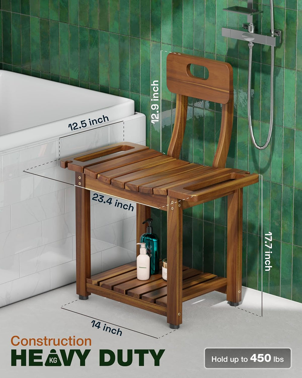 BLUEWEST 23.4 Inch Shower Chair with Backrest, 450 lb Capacity, Acacia Wood