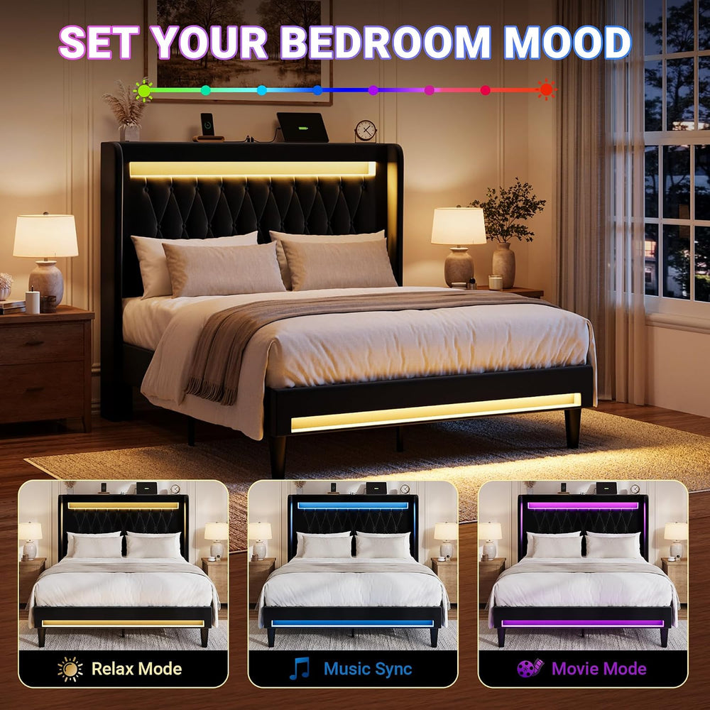 Allewie Queen Size Upholstered Bed Frame with LED & Charging Station, Black