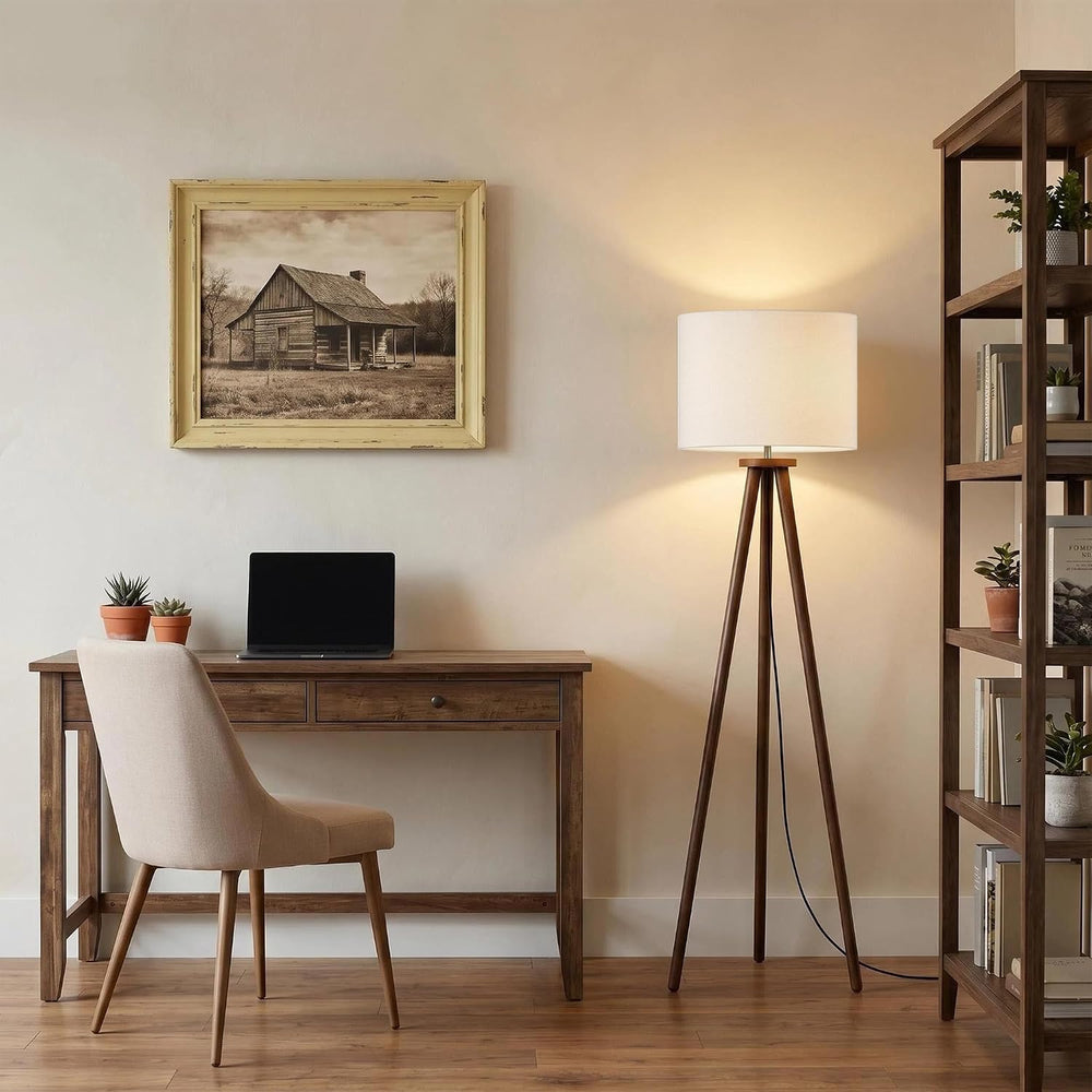 Buruis 60.6 Inch Walnut Wood Tripod Floor Lamp with Linen Drum Shade, Cream