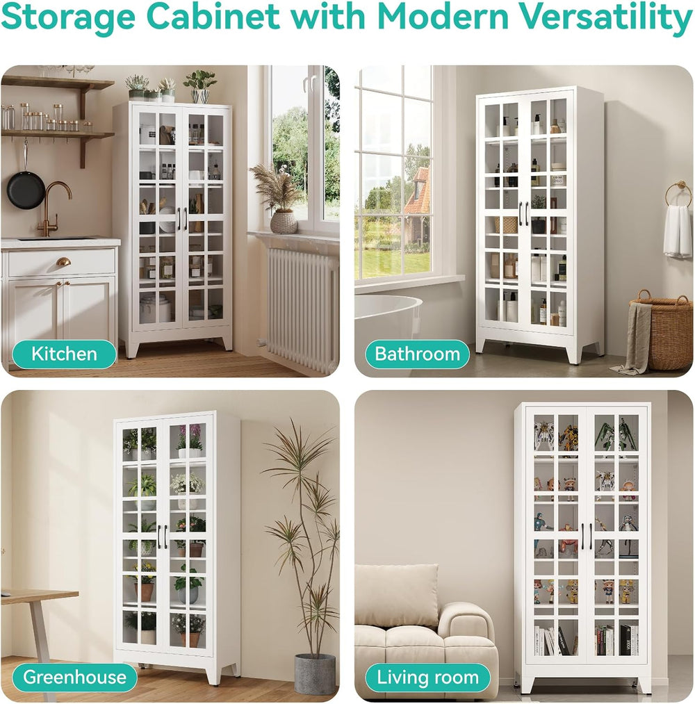 Metal Storage Cabinet with Glass Doors and Adjustable Shelves