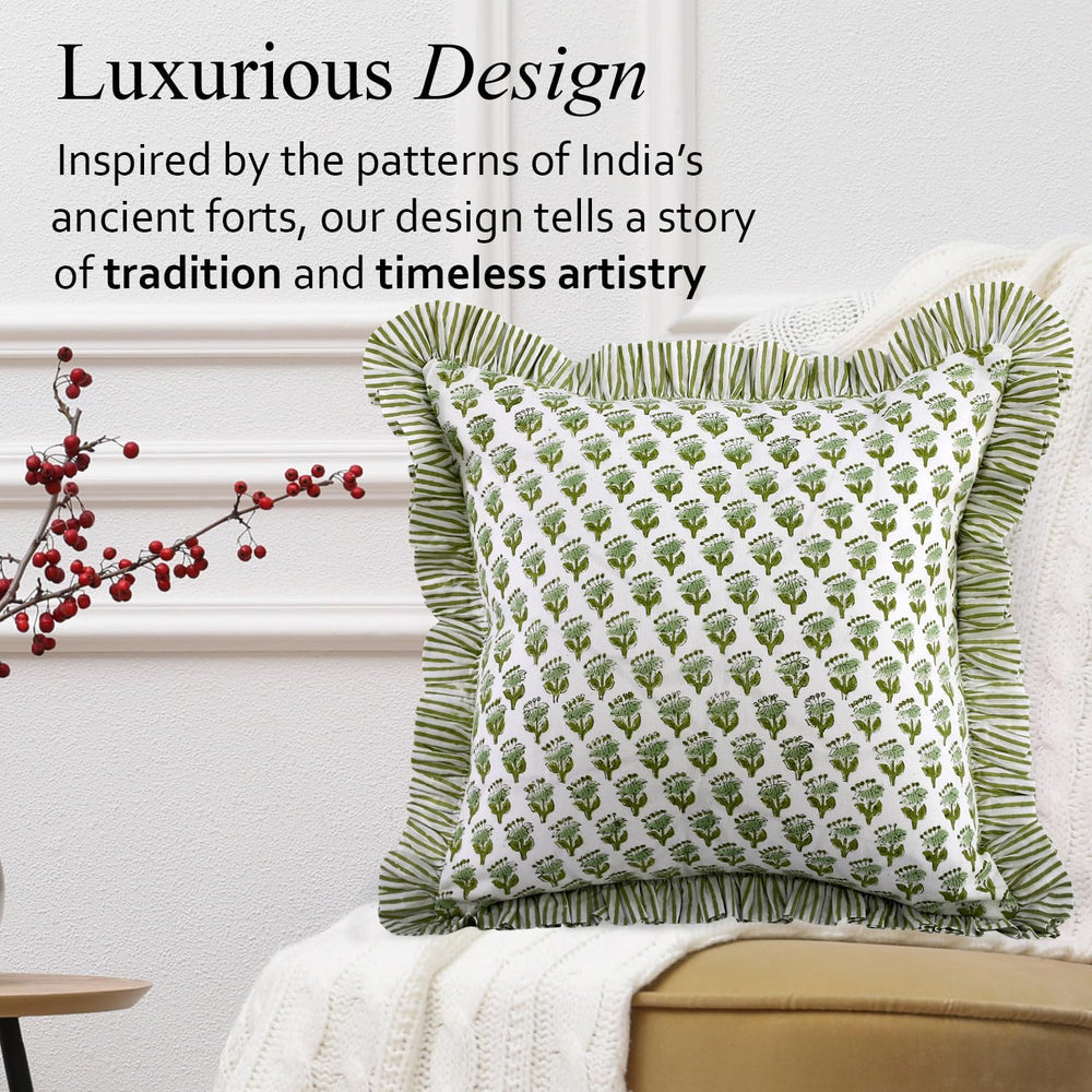 CPC Emerald Green Block Print Ruffle Pillow Cover 18x18 Inch, Pack of 2
