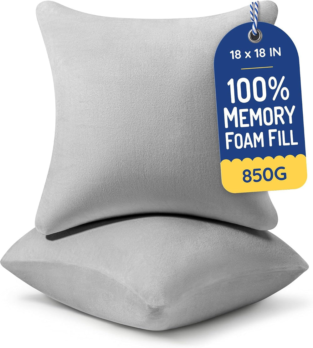 AM AEROMAX 18x18 Memory Foam Throw Pillow Inserts, 2 Pack, Square, Gray