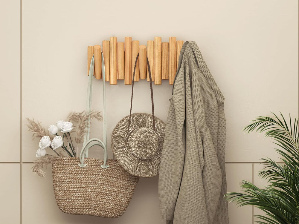 Folding Wall Coat Rack, 5 Flip-Down Wood Hooks for Entryway, Natural