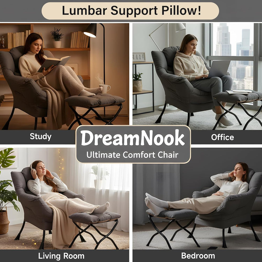 Lazy Chair with Ottoman, Comfy Chair with Pillow,Dark Grey