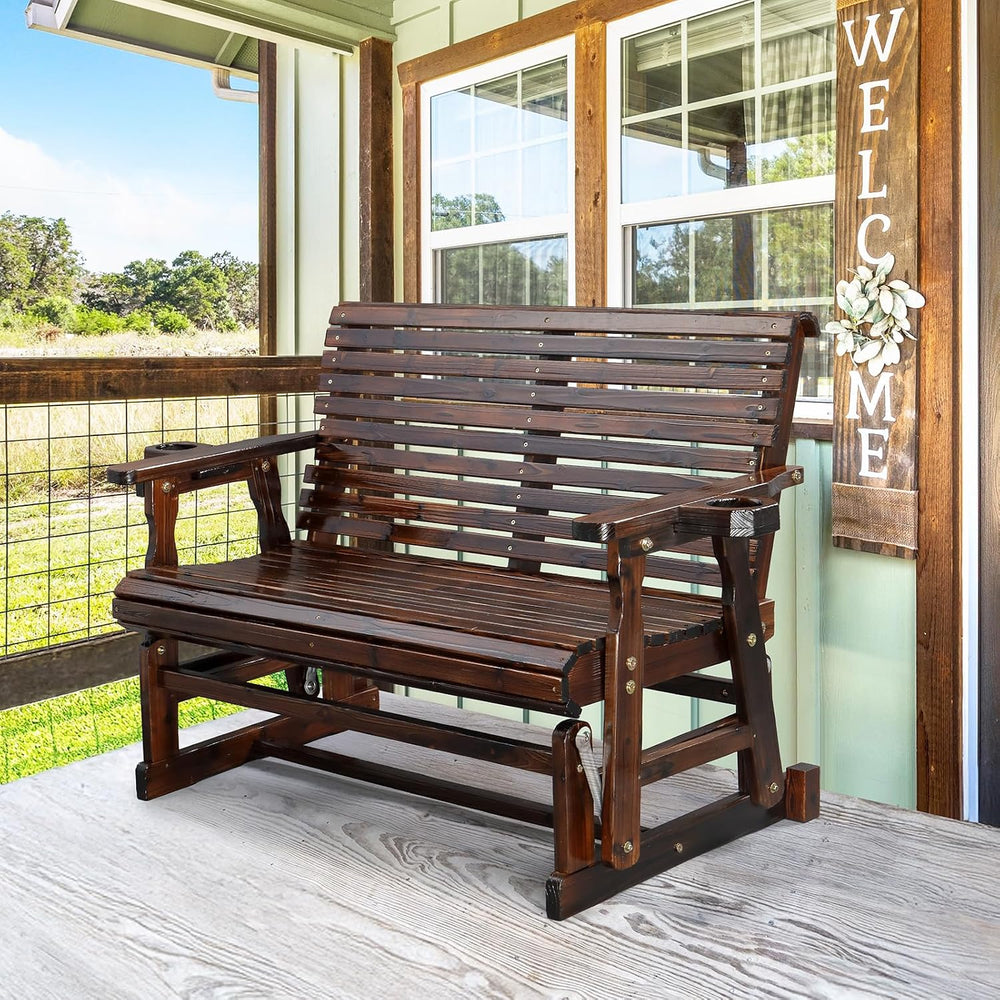 VINGLI Outdoor Glider Wood Patio Chair with Cup Holders, Outdoor Bench Glider...