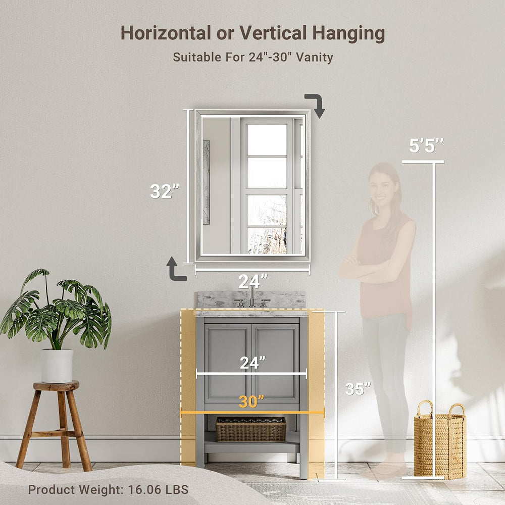 Brushed Nickel Bathroom Mirror, 24x32 Inch Beveled Framed Bathroom Mirror Ant...