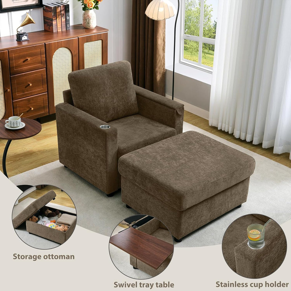 Rading Chairs with Storage Ottoman and Folding Tray Table, Brown