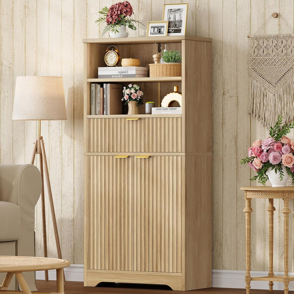 TEENFON Tall Storage Cabinet with Adjustable Shelf & Drawer, Fluted Cabin...