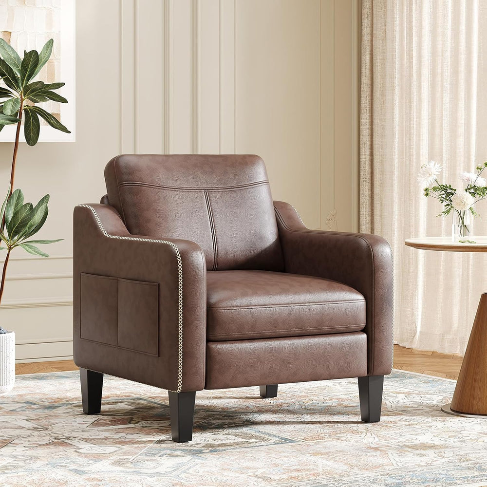 MALOL PU Leather Accent Chair with Solid Wood Frame, Chocolate Brown