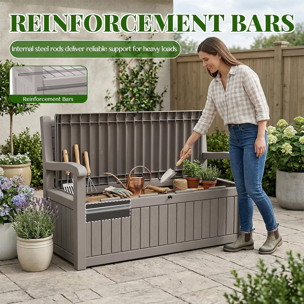 120 Gallon Outdoor Storage Bench Lockable, Grey