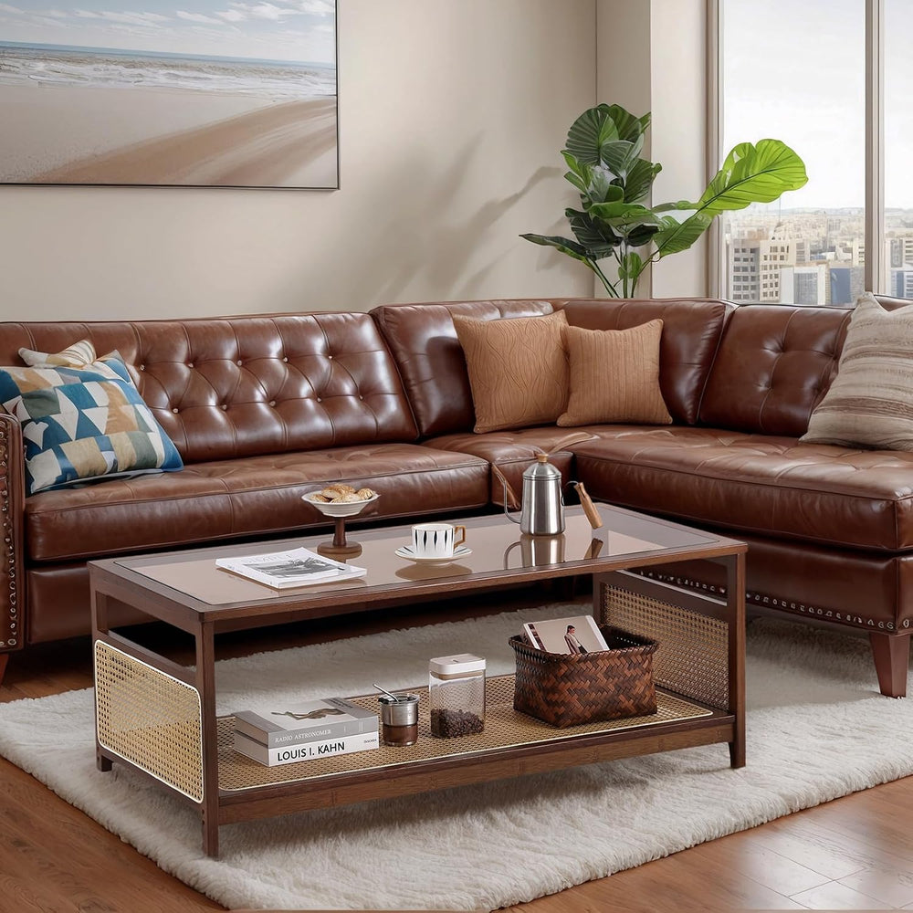 Welnow Rattan Coffee Table, 2-Tier Rectangle Center Table, 47.5", Walnut