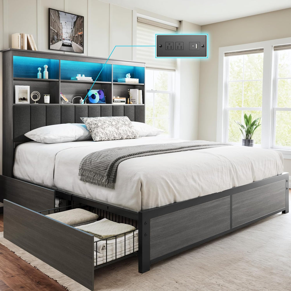 HISOFT Queen Bed Frame with Storage Headboard, Wooden Bed with High Storage B...