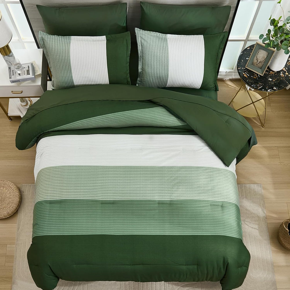 Queen Comforter Set Olive Green, 7 Pieces Boho Striped Bed in a Bag