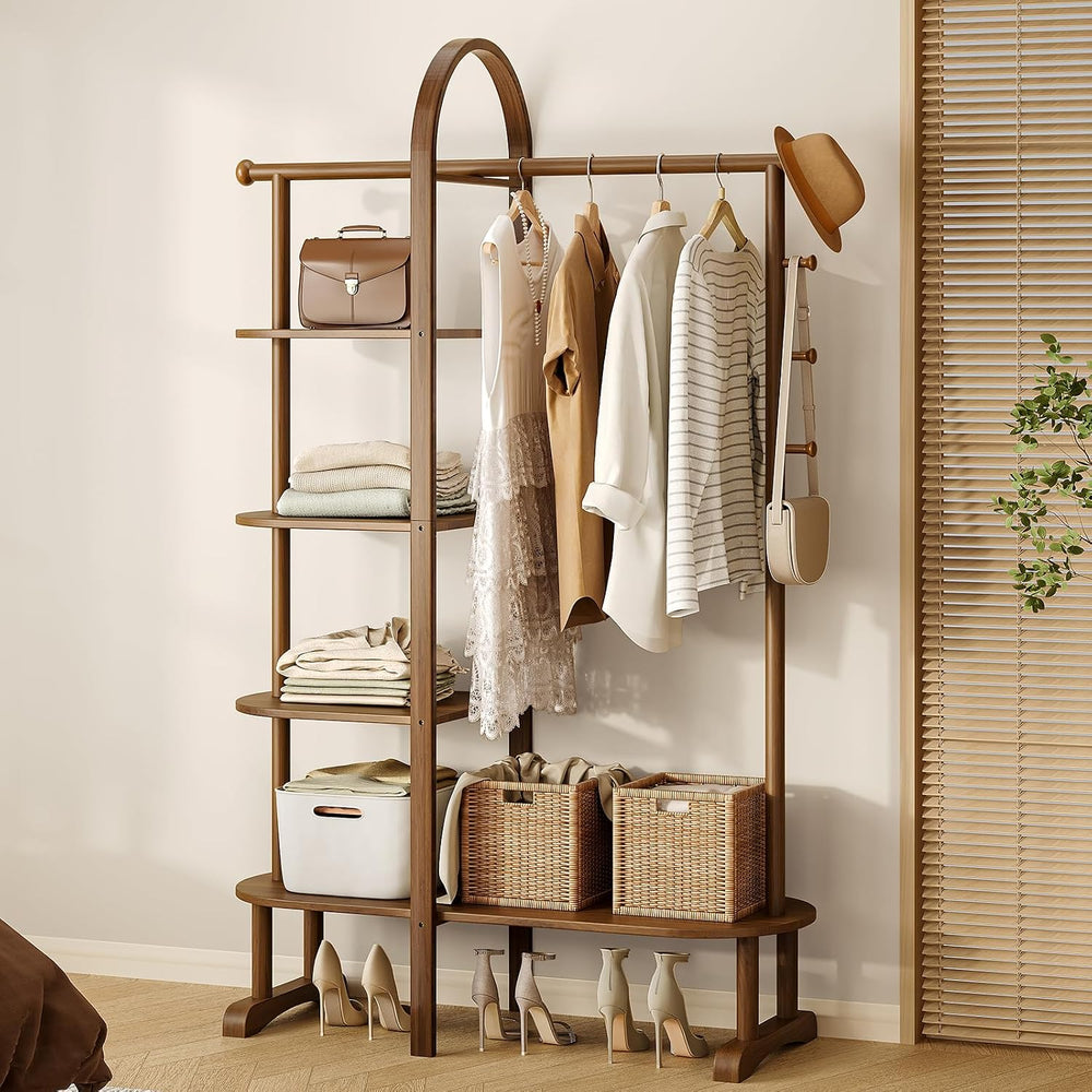 41.3" Wide 3-in-1 Freestanding Clothing Rack, Wooden Coat Rack with 4 Sh...