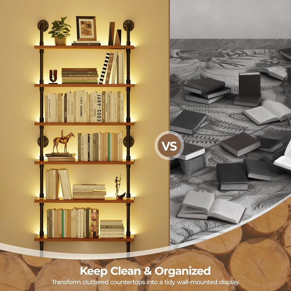 6-Tier LED Ladder Shelf, Wall Mounted Pipe Bookshelf, Walnut Brown 36 Inch