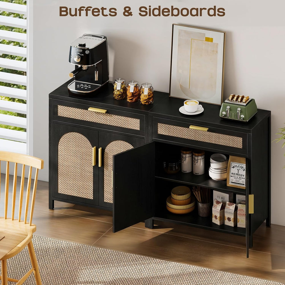 Rattan Buffet Cabinet with Storage Set of 2, Sideboard Cabinet with Doors and...