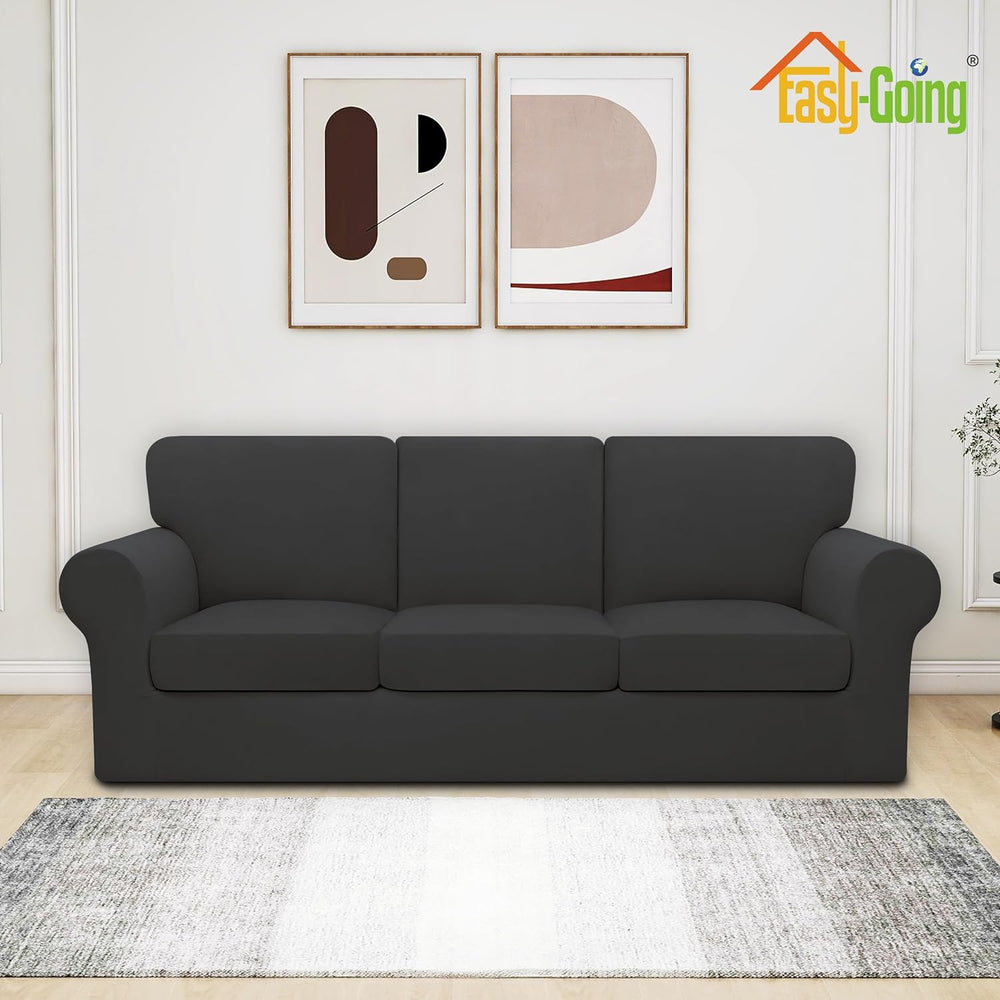 Easy-Going 7 Pieces Stretch Sofa Couch Cover, Large, Dark Grey