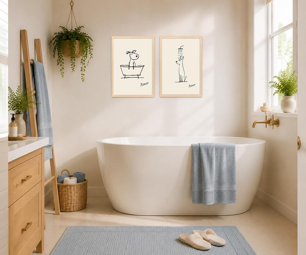 Framed Funny Dog Bathroom Wall Art Black and White Line Art Poster Print, Abs...