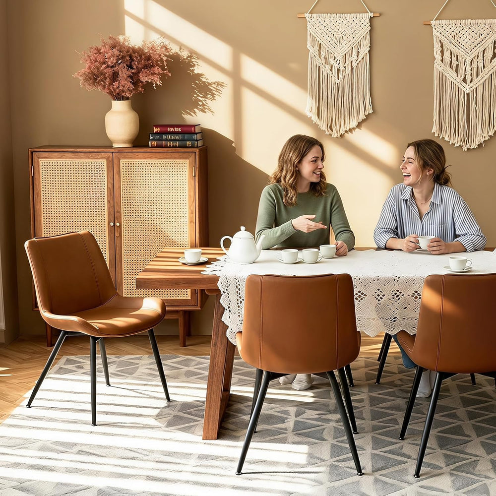Dining Chairs Set of 2, PU Leather Armless with Metal Legs Brown