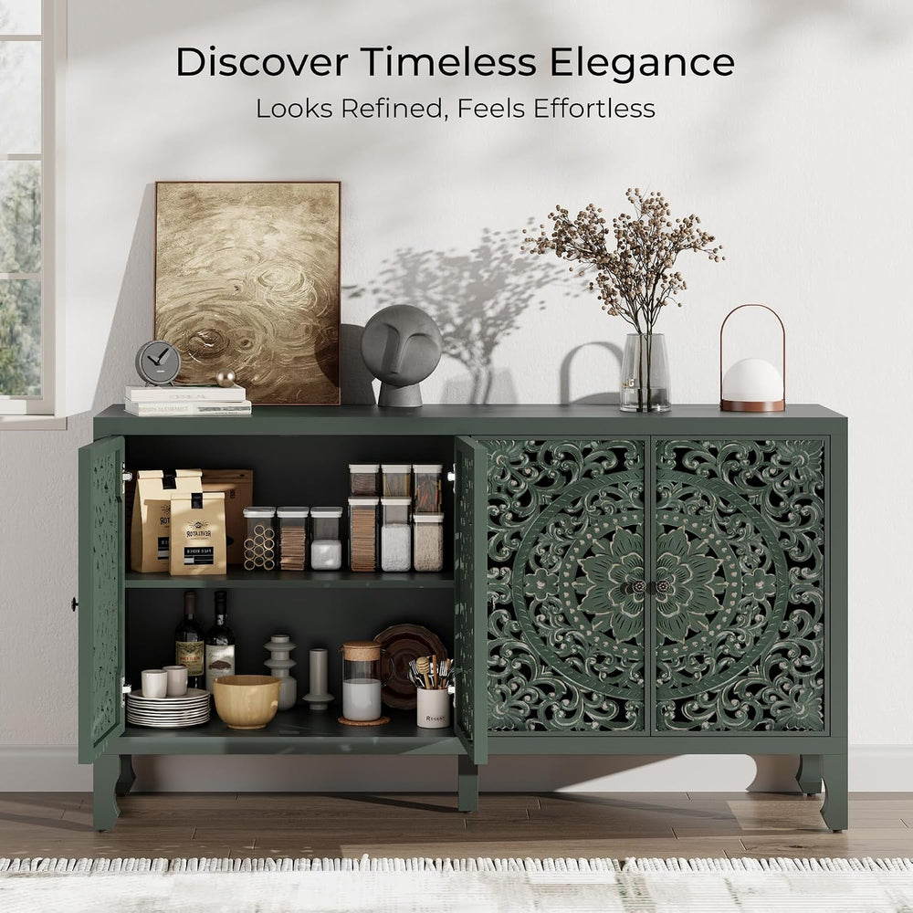 Buffet Cabinet with Storage, 4 Carved Doors Accent Cabinet, Green
