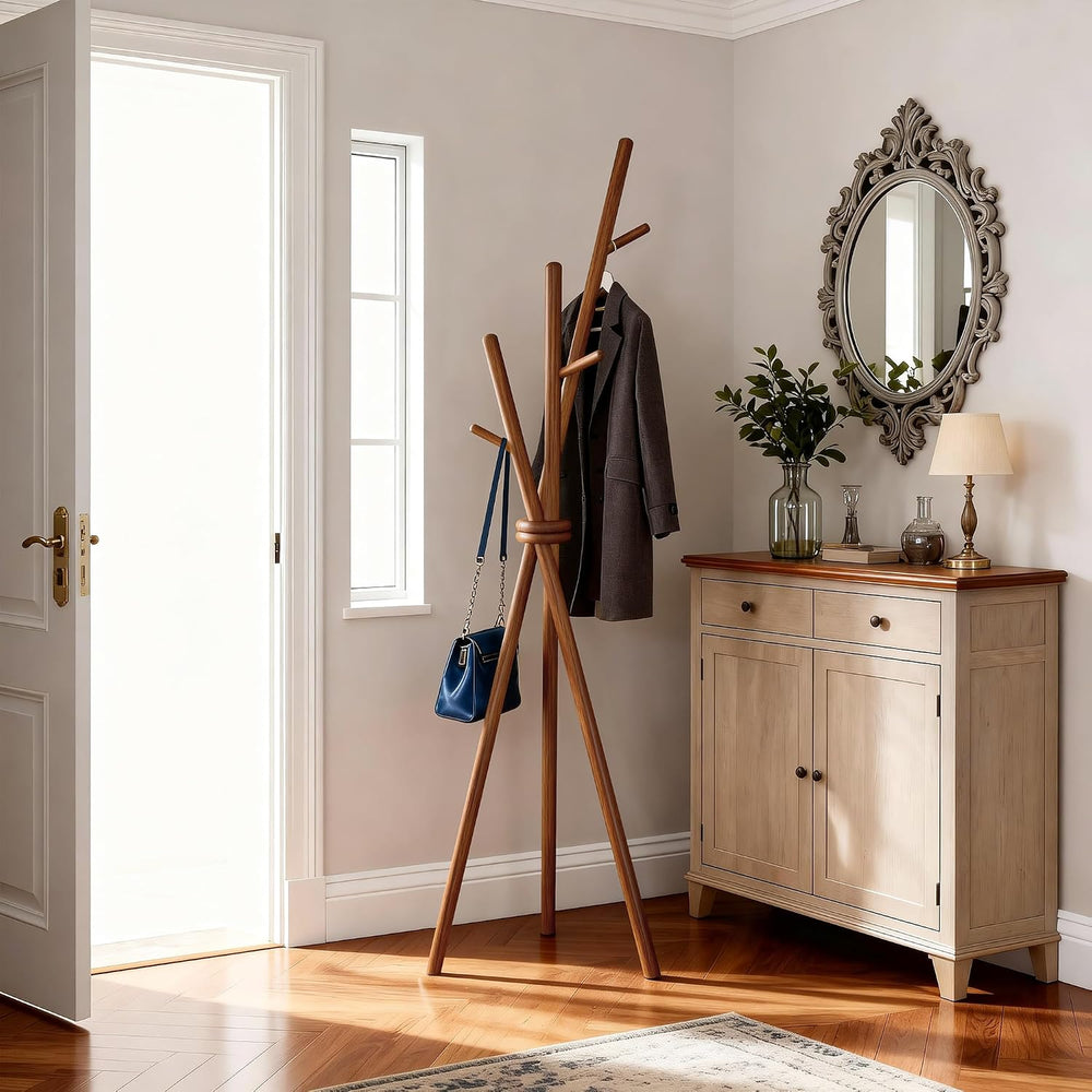 VICITON Wooden Coat Rack, Tripod Coat Tree Freestanding with 3 Hooks for Clot...