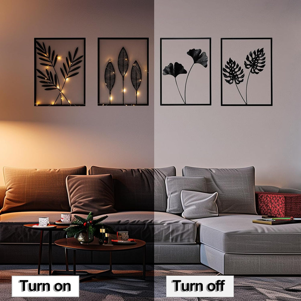 4 PCS Black Metal Wall Decor Framed with LED Lights, 16x11 Line DéCor