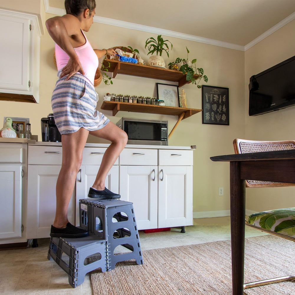 Bee Neat Foldable Step Stool, Non-Slip, Wide Stairs, Supports 200lbs, Gray