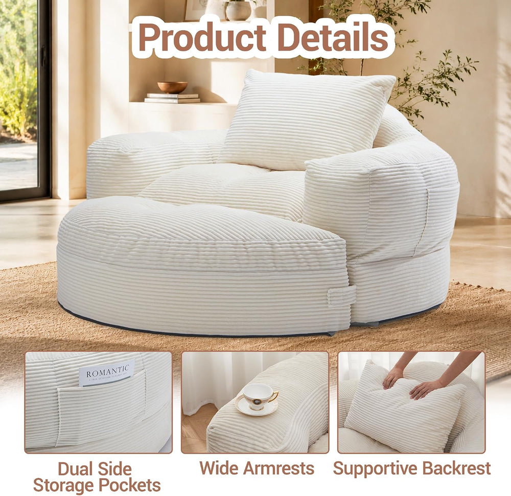 63''Round Chaise Lounge Chair with Footstool,Plush Seating(Beige)