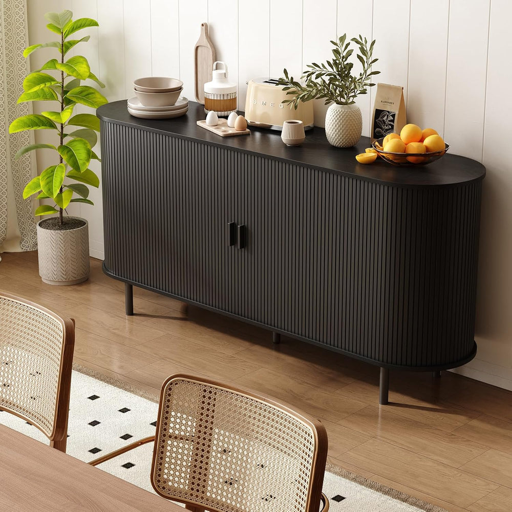 ONBRILL 63" Sideboard Buffet Cabinet, Sliding Door/Adjustable Shelf, Black