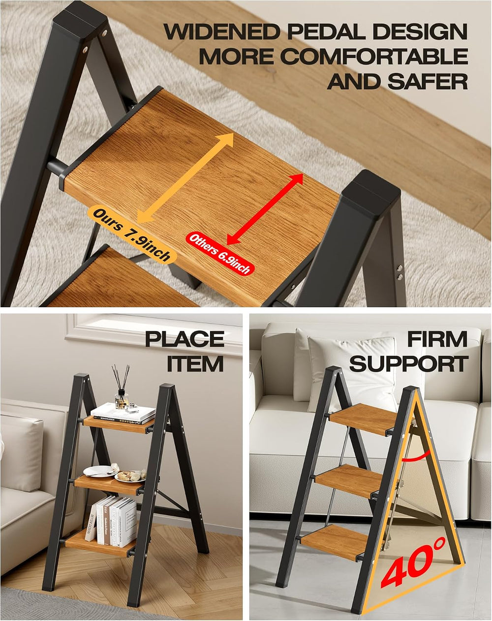 Taranta 3 Step Stool Foldable,Aluminum Step Ladder-BlackWoodgrain