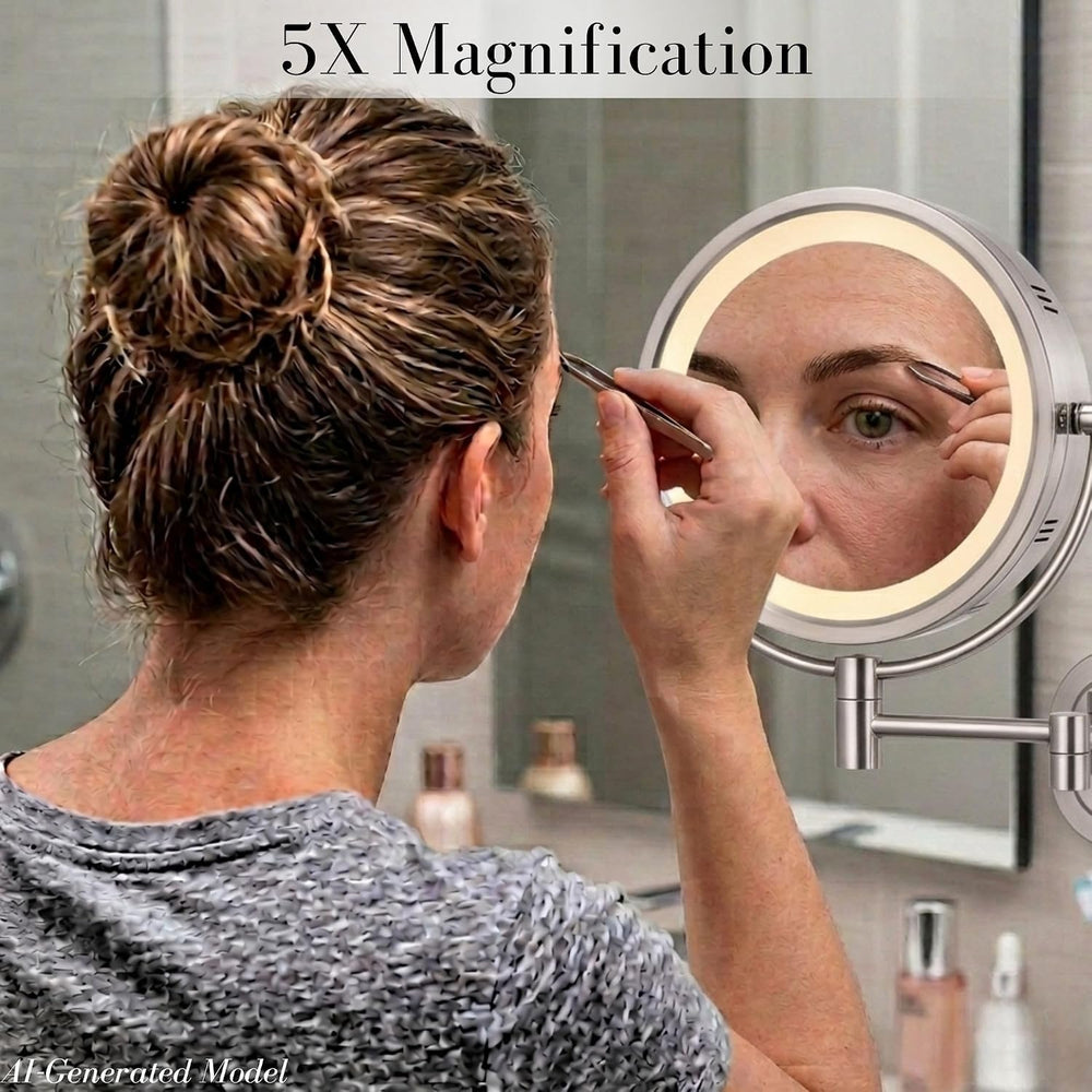 JERDON Lighted Wall-Mount Makeup Mirror - 5X Magnification - Nickel - HL65N