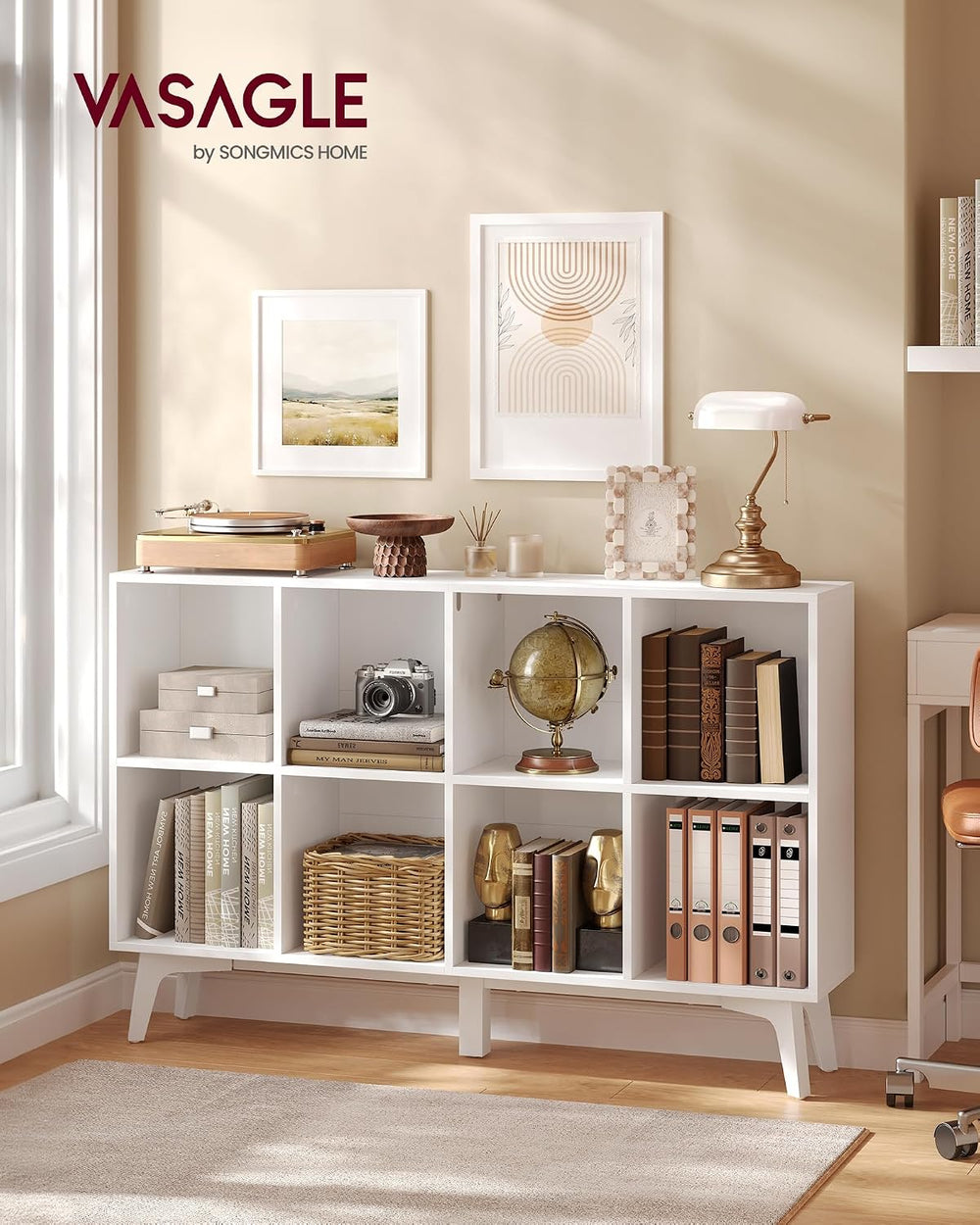 VASAGLE Mid-Century Modern 8-Cube Bookshelf, 47.1 x 9.4 x 30.3 Inch