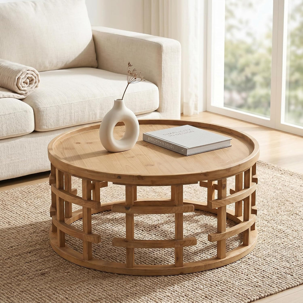 RUSTOWN Farmhouse Round Coffee Table, Boho Handcrafted Wooden Tables