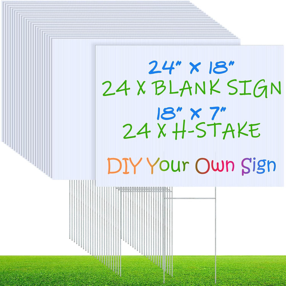 Timgle 24 Set Blank Yard Sign and H Metal Stakes Large White Corrugated Plast...