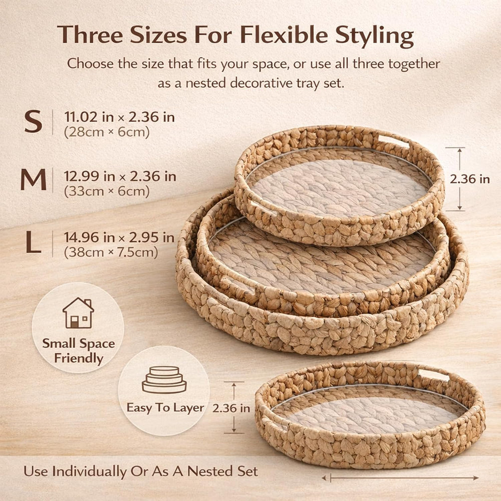 Round Woven Rattan Tray with Clear Acrylic Insert and Handles, Water Hyacinth...