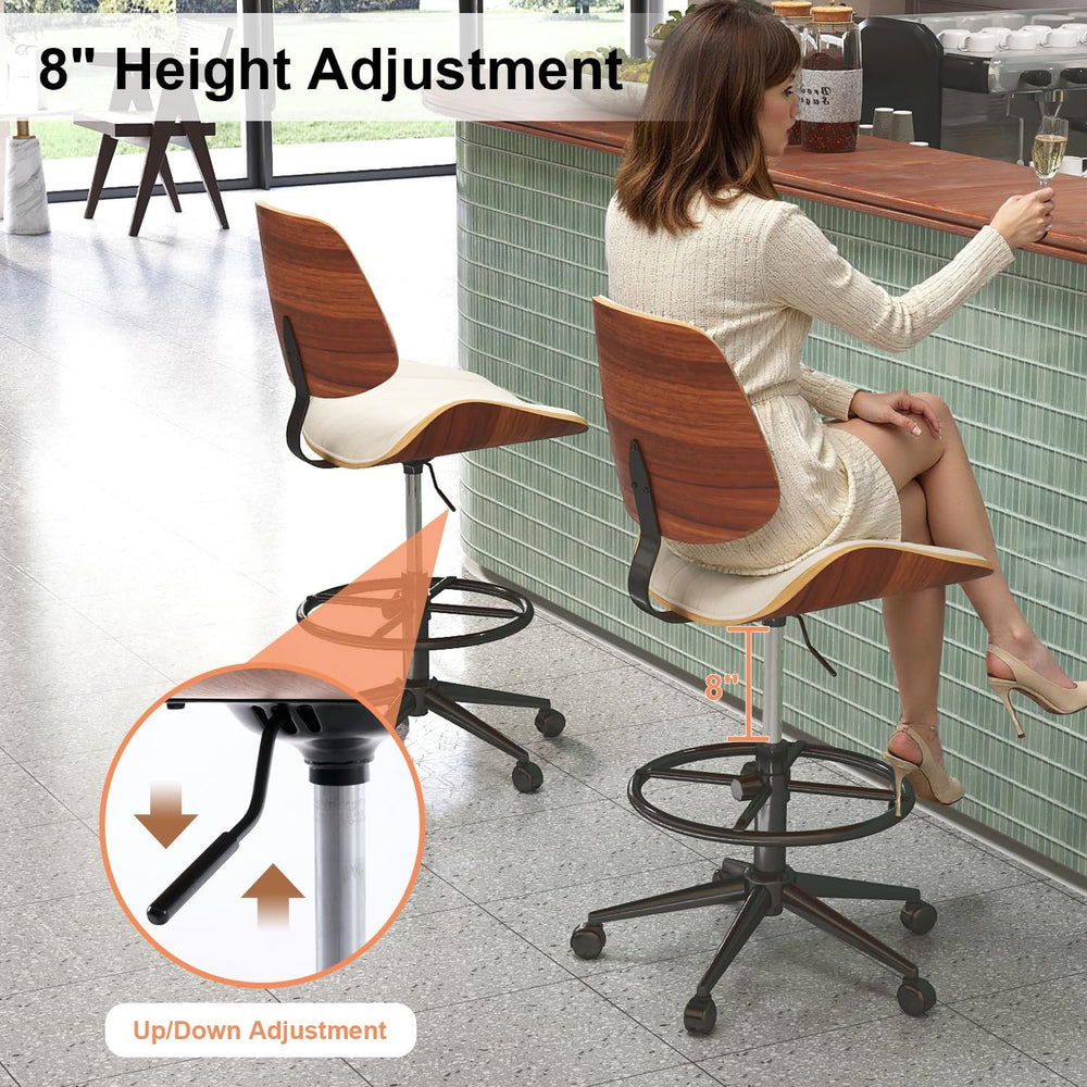 Drafting Chair, Ergonomic Office Chair with Walnut Wood Back Support, Armless...