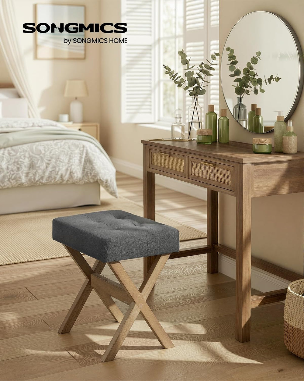 SONGMICS Makeup Stool, Padded Vanity Foot Rest, Solid Wood X Legs
