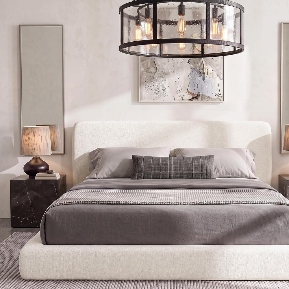 King Upholstered Bed Frame, King Size Cloud Bed Frame, White Platform Bed