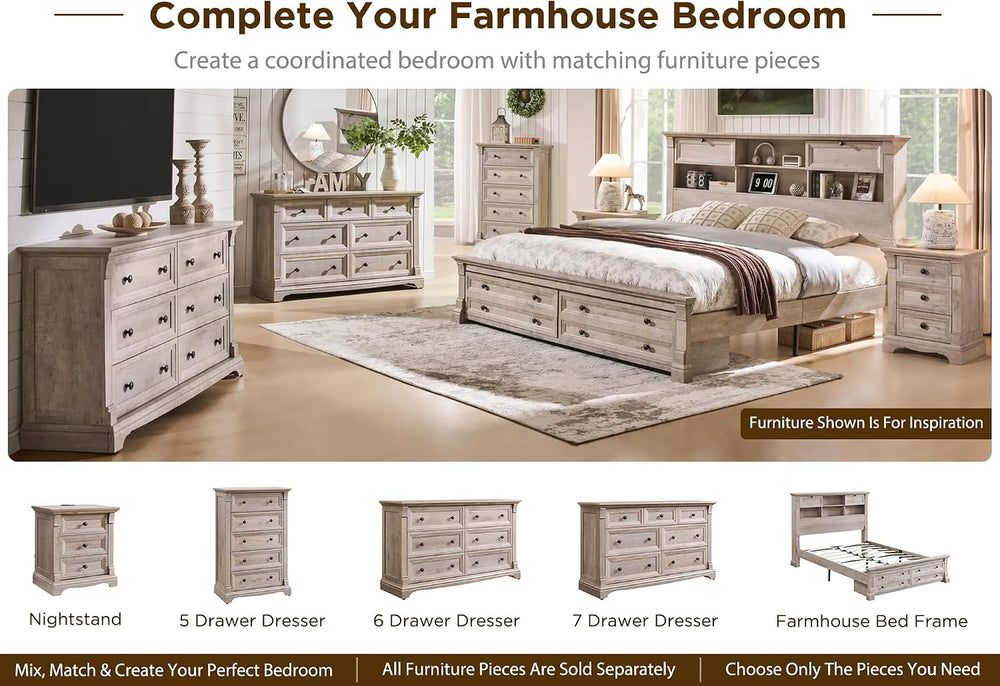 King Size Bed Frame with 54" Tall Storage Headboard, 2 Footboard Drawers