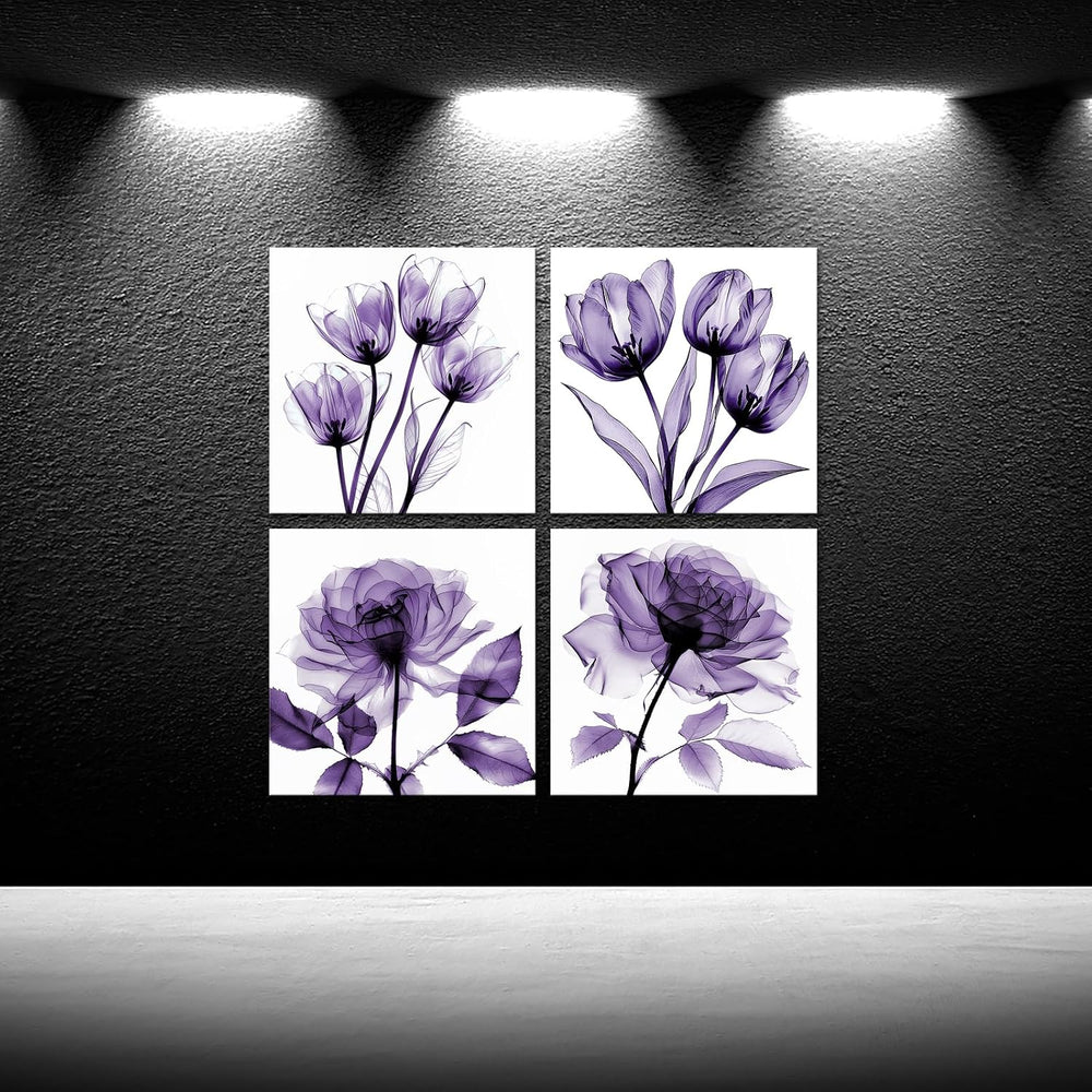 iKNOW FOTO 4pcs X-Ray Purple Flower Wall Art Print Set - Minimalist Floral Pl...