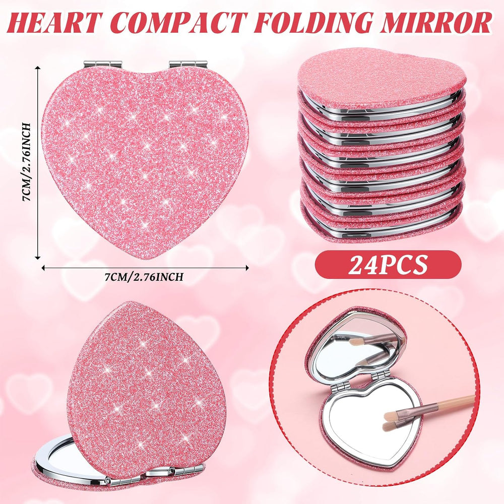 24 Pcs Heart Compact Mirrors Double Sided Magnifying, Pink