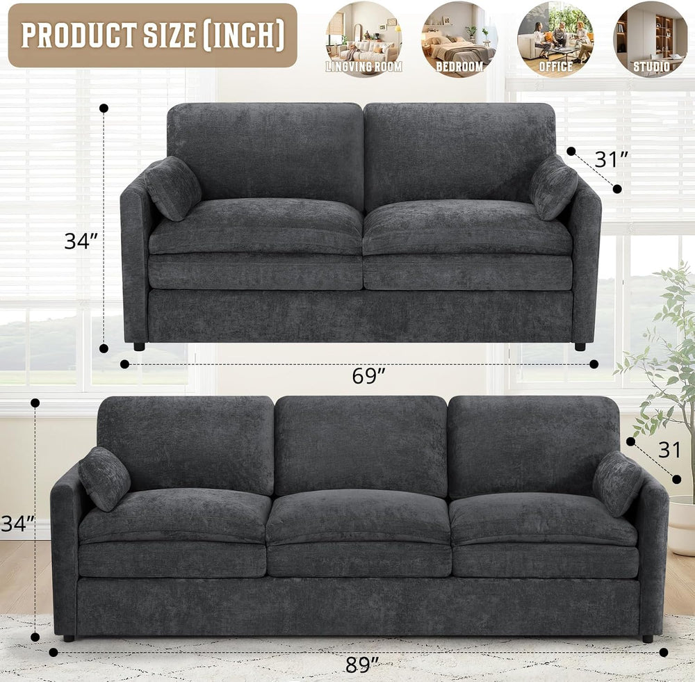 Comfy Chenille Sofa Set with Well-Filled Pillows, Dark Grey