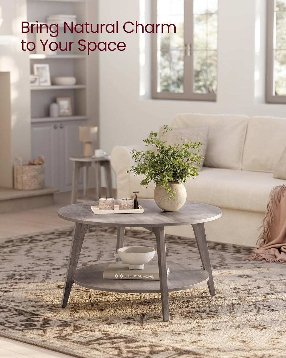 VASAGLE Round Coffee Table, 2-Tier Center Table with Storage, Tapered Legs