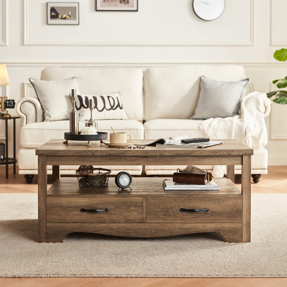 LINSY Farmhouse Coffee Table, Rectangle Coffee Table with Drawers, Rustic Woo...