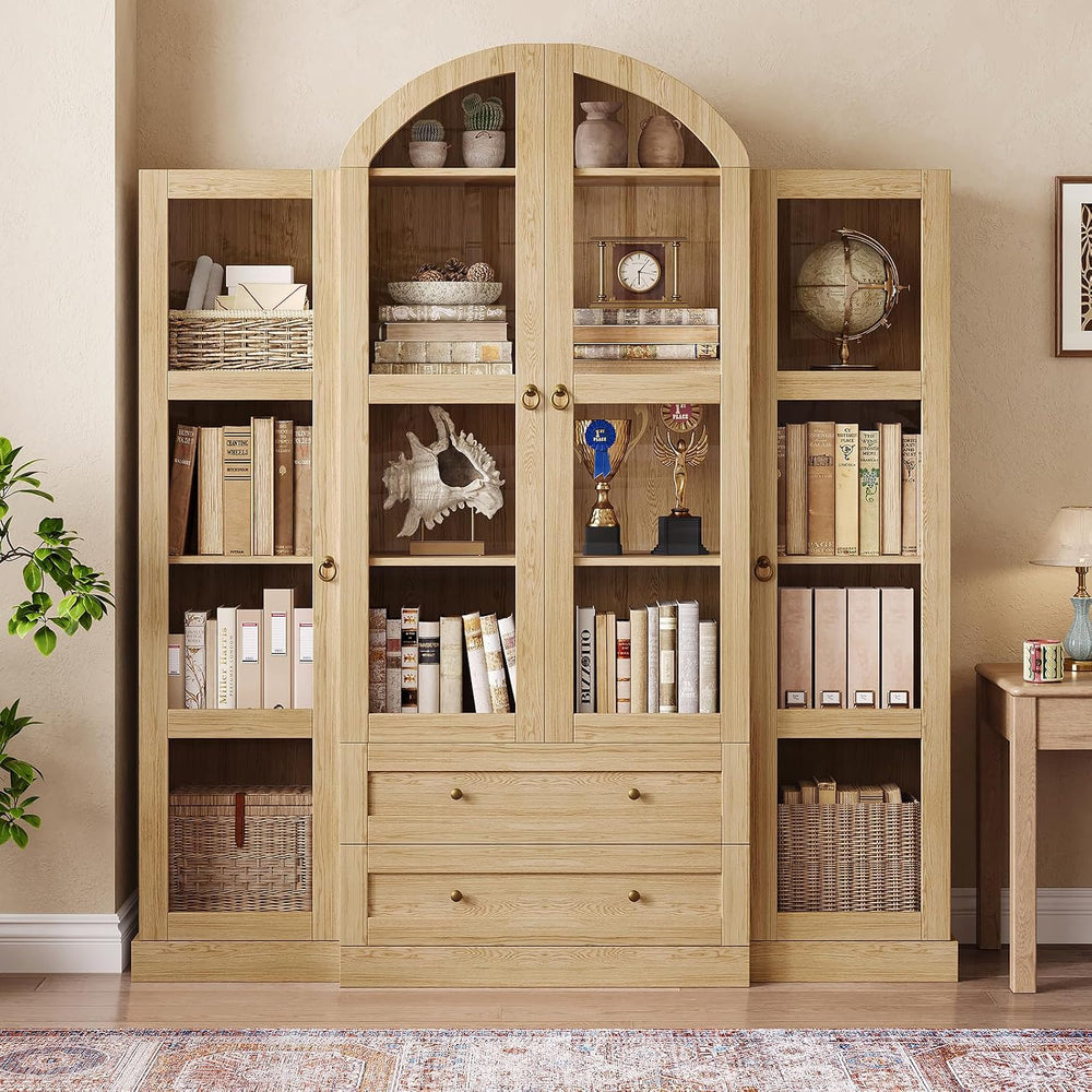 72.4" Tall Farmhouse Display Cabinet with Glass Doors, Natural