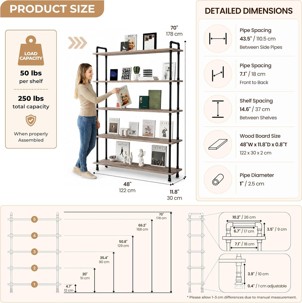 Industrial Bookshelf, Pipe Shelf Bookcase, 5 Tier, 48" Weathered Brown