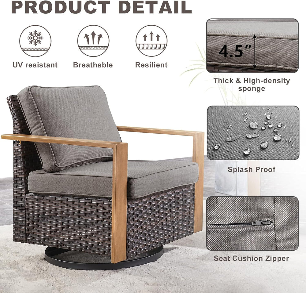 4 Pieces Outdoor Wicker Swivel Rocker Chairs with Ottoman, Grey Cushion