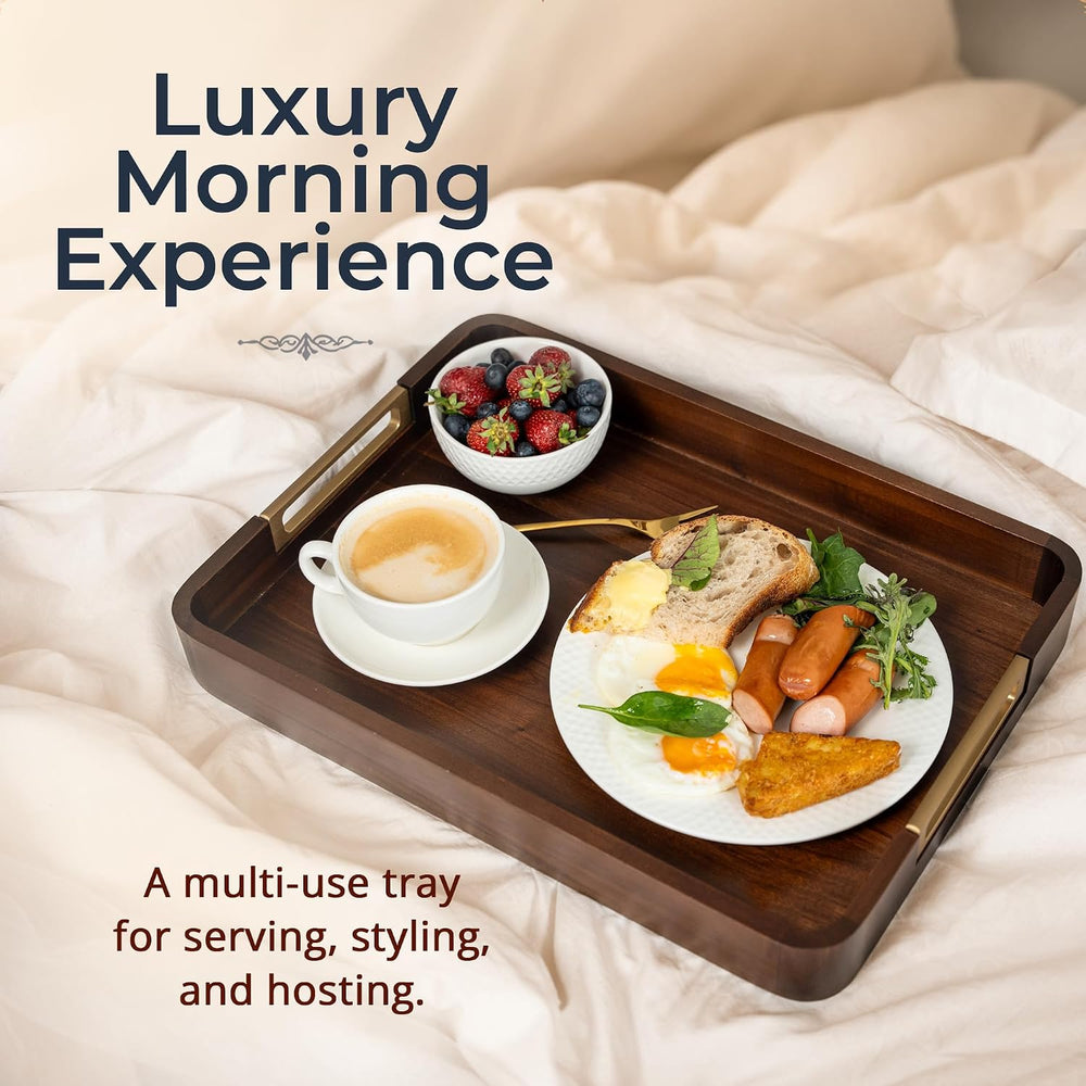 100% Acacia Wooden Serving Tray with Gold-Tone Aluminum Handles