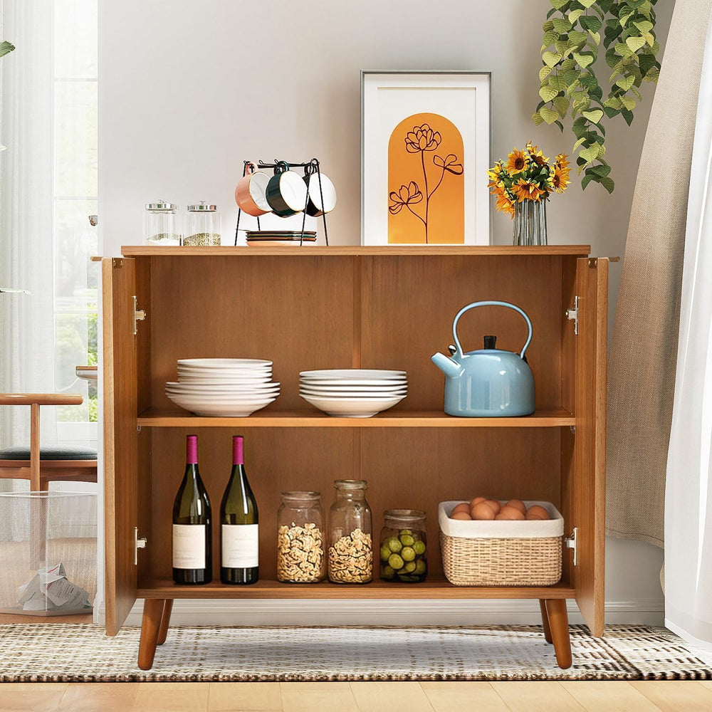 Fluted Brown Wood Sideboard Buffet Storage Cabinet with Doors